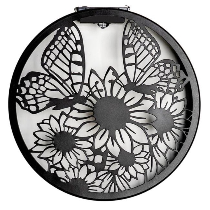 Fekete Fém Napenergiás Dekoráció Napraforgóval és Pillangókkal – Hangulatvilágítás Falra – Ø25,5 cm