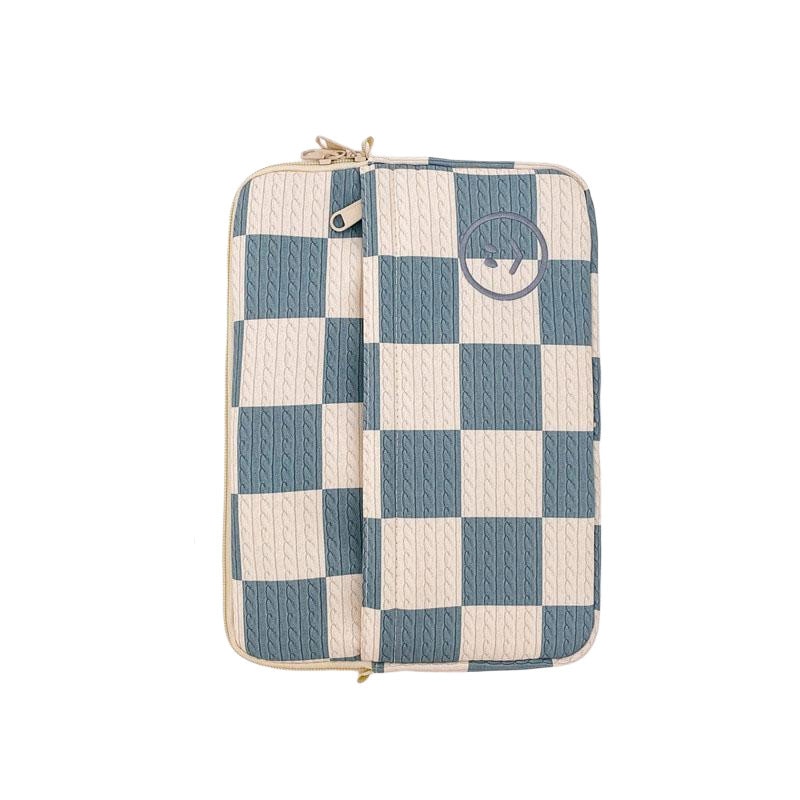 Geanta laptop, albastru in carouri, 27.5x20x2cm, set de mana si cross-body