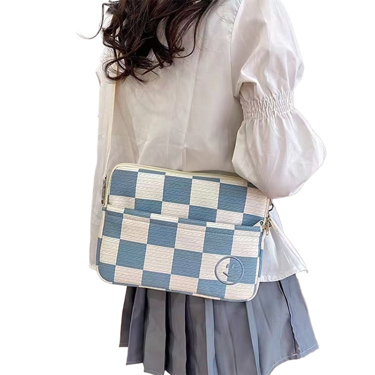 Geanta laptop, albastru in carouri, 27.5x20x2cm, set de mana si cross-body