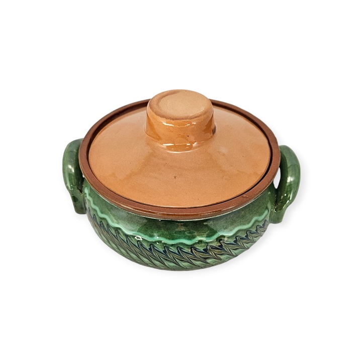 Vas termorezistent, CERAMICA DE HOREZU, model spic, 1l, verde, cu toarte si capac