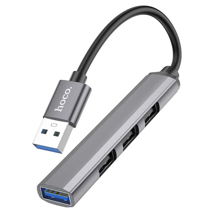 USB Hub 4 az 1-ben, Selani Premium Hoco, OTG 1x USB 3.0 + 3x USB 2.0, USB-A - USB-A, Alumínium, Szürke