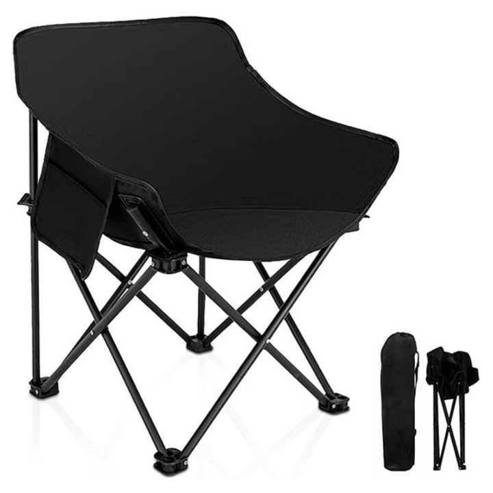 Scaun camping pliabil, suport 200Kg, cu buzunar lateral, negru