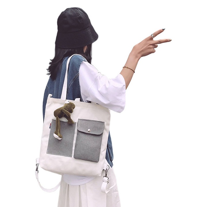 Geanta de umar din panza alba, capacitate mare, 35x37x6cm, curea detasabila, pentru laptop de 14 inch