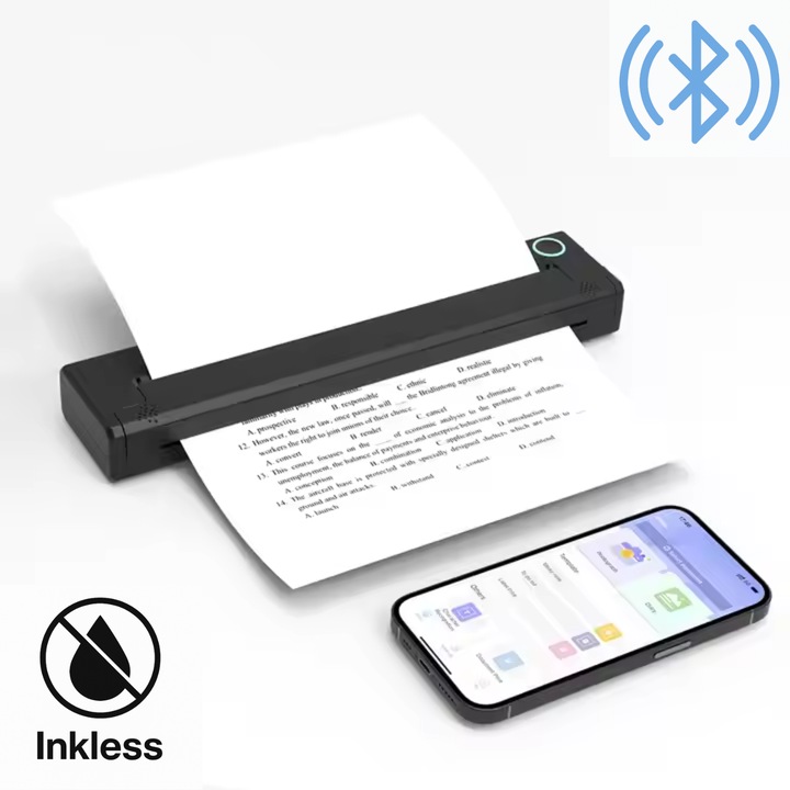 Imprimanta Termica Portabila A4 TREA®, Bluetooth, USB, Compatibila iOS/Android/Windows/MAC, Printare Termica Directa Fara Cerneala, Aplicatie Mobila, Baterie 2000 mAh, Husa Inclusa, Negru