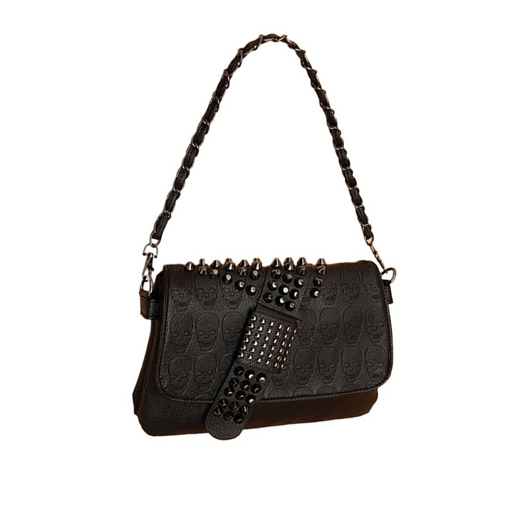 Női válltáska, retró, koponyával és céltáblás lánccal, műbőr, fekete, 26x17x3cm