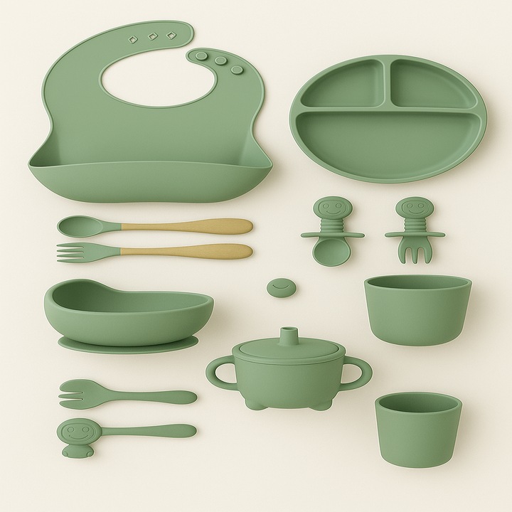 Set diversificare bebelusi din Silicon, Brivoo®, farfurie cu ventuza, bol, tacamuri, cana, Verde Olive deschis