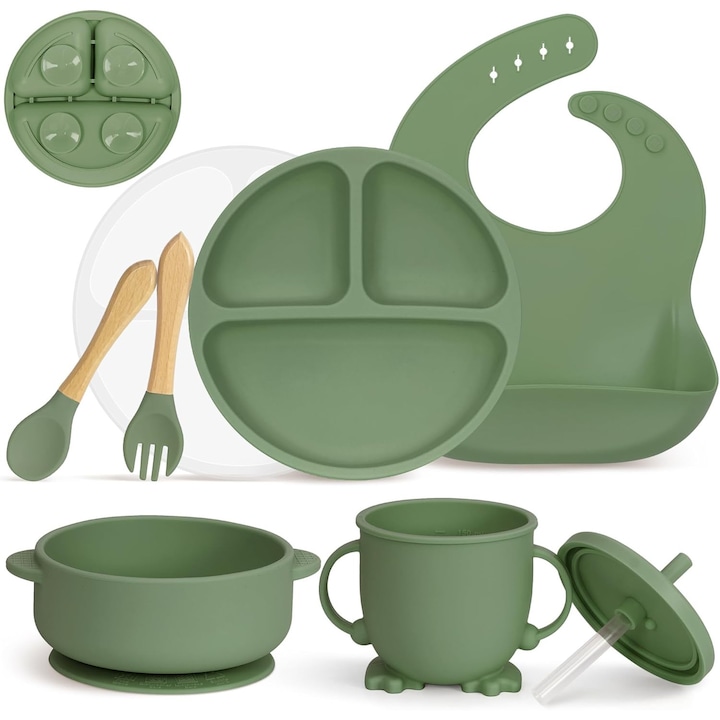 Set diversificare bebelusi din Silicon, Brivoo®, farfurie cu ventuza, bol, tacamuri, cana, Verde Olive deschis