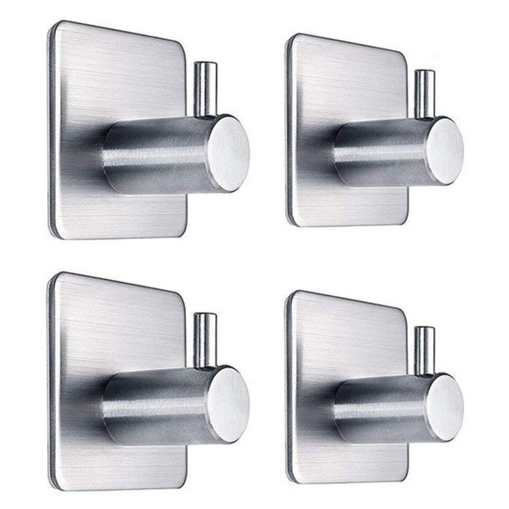 Set 4 carlige autoadezive din otel inoxidabil, rezistente, argintiu, 9.5x7x6cm