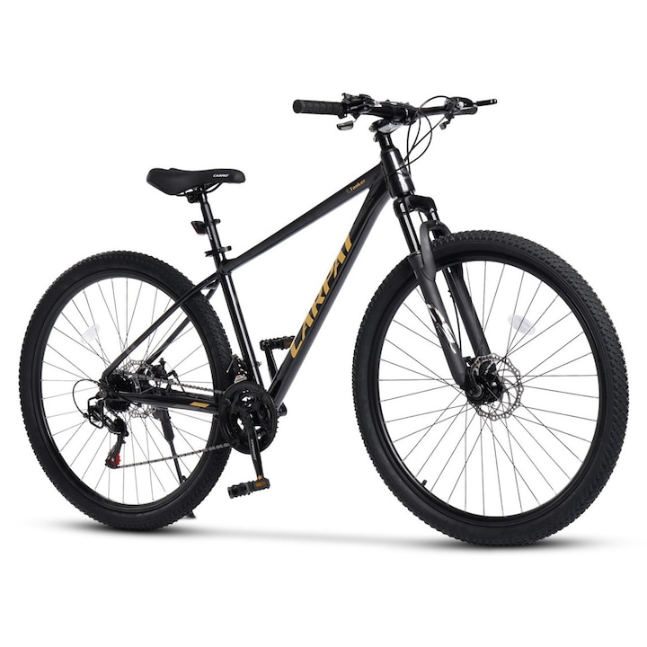 Bicicleta MTB de munte Carpat Tanker JSX29312, cadru din Aluminiu cu cabluri integrate, echipare Shimano, suspensie fata, roata 29 inch, frana disc fata/spate, 21 viteze, negru cu galben