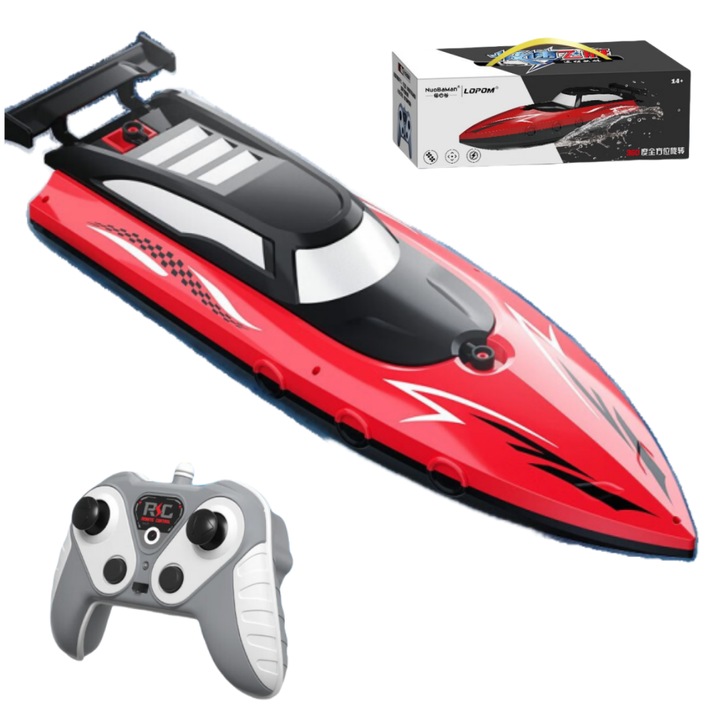 Barca cu telecomanda, RC Racing Speed Boat Drift, cu telecomanda, Viteza 20 km/h, 2.4GHz, Distanta de control de 50 m, Motor dublu puternic, putere dubla, Etans si rezistent la apa, Plastic, 33 x 10 x 8 cm, Rosu