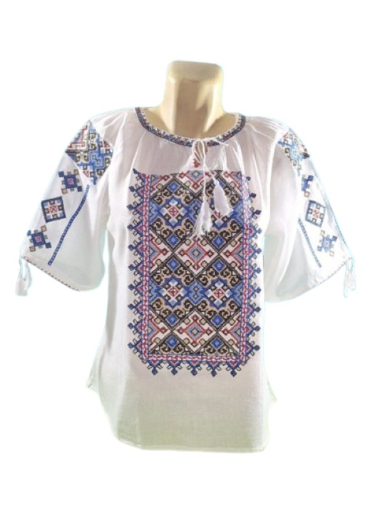 Ie traditionala pentru dama, Alb, cu model geometric deosebit, multicolor