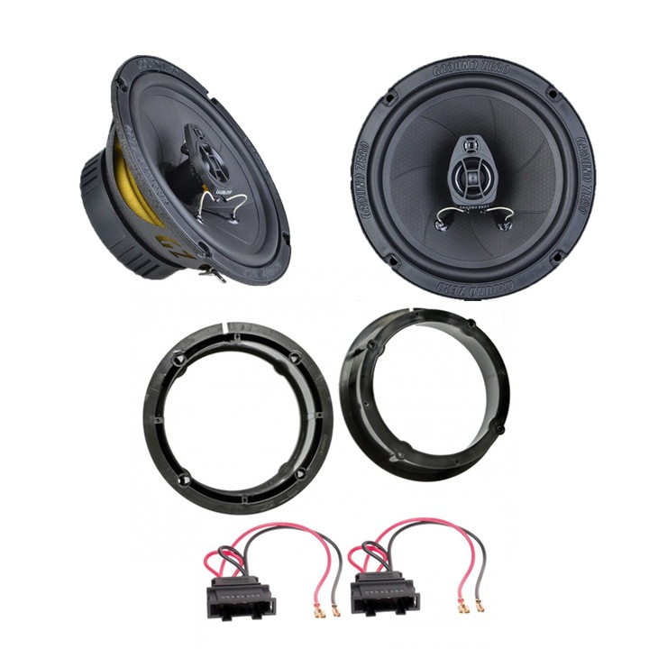 Комплект коаксиални високоговорители Ground Zero 6.5", 80W RMS, за Volkswagen Golf IV, адаптерни пръстени, Plug&Play кабели
