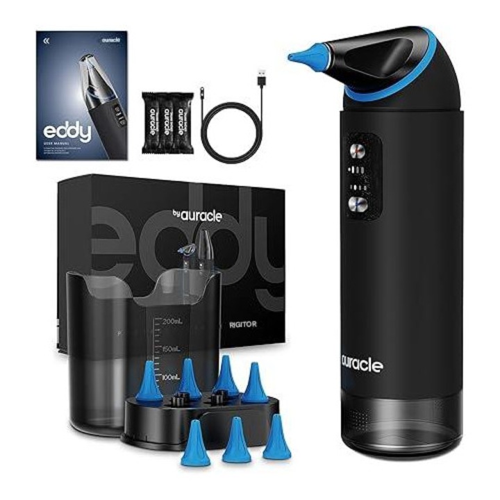 Irigator auricular electric Auracle®, aparat de curatat urechile, set curatare urechi, cap rotativ la 360°, portabil, rezervor de 200 ml, cu 4 moduri irigare, IP65, baterie reincarcabila de 2000 mAh, pentru adulti si copii, negru