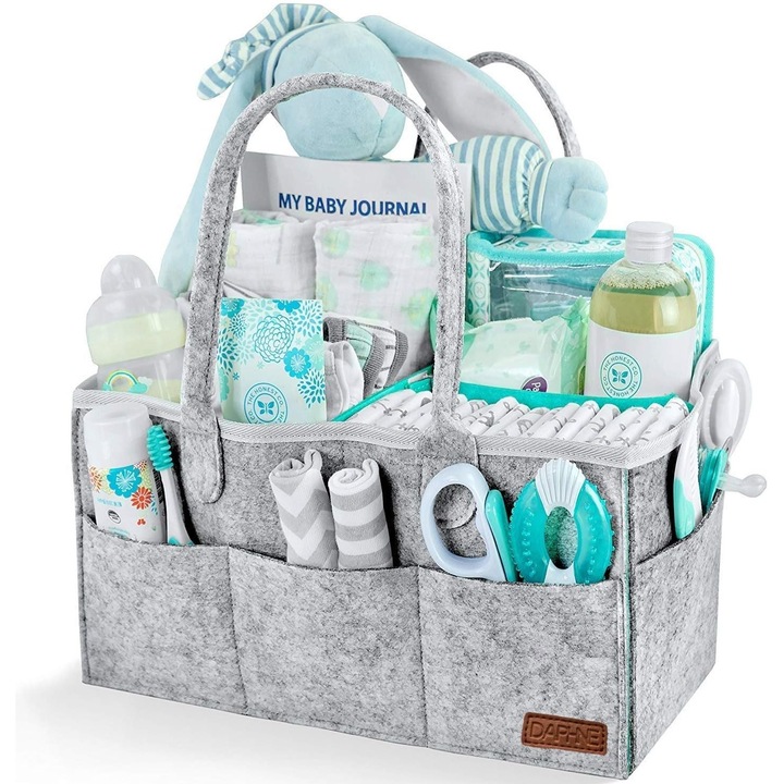 Organizator geanta pentru cosmetice si accesorii bebe, cu buzunare laterale si manere, din pasla, compartimentare ajustabila, gri, 33x23x18 cm