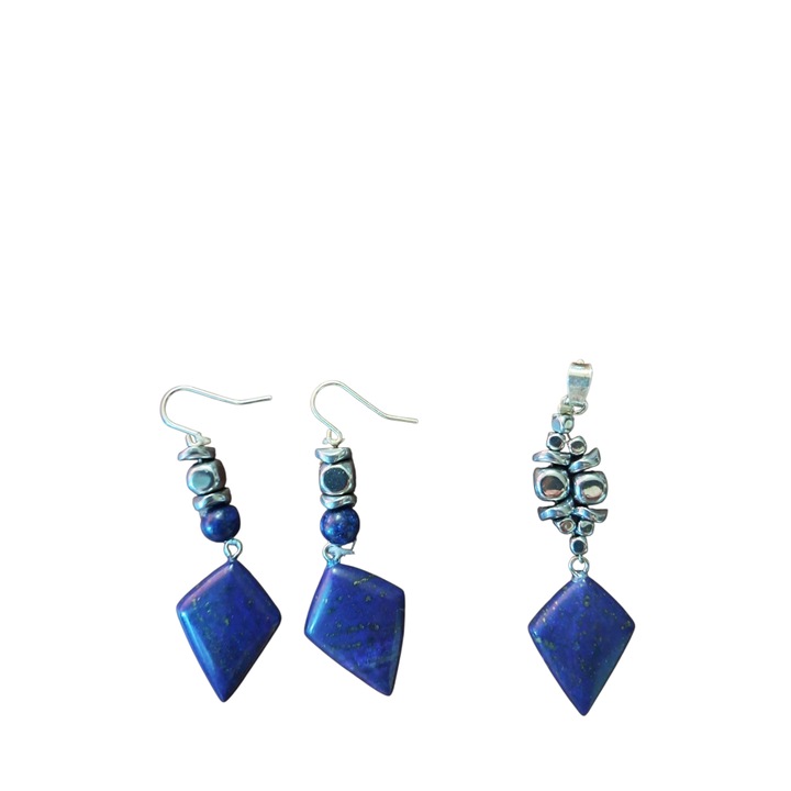 Set bijuterii argint 925, Daniela Cioponea, cercei 5cm, pandantiv 5cm, hematit, lapis lazuli