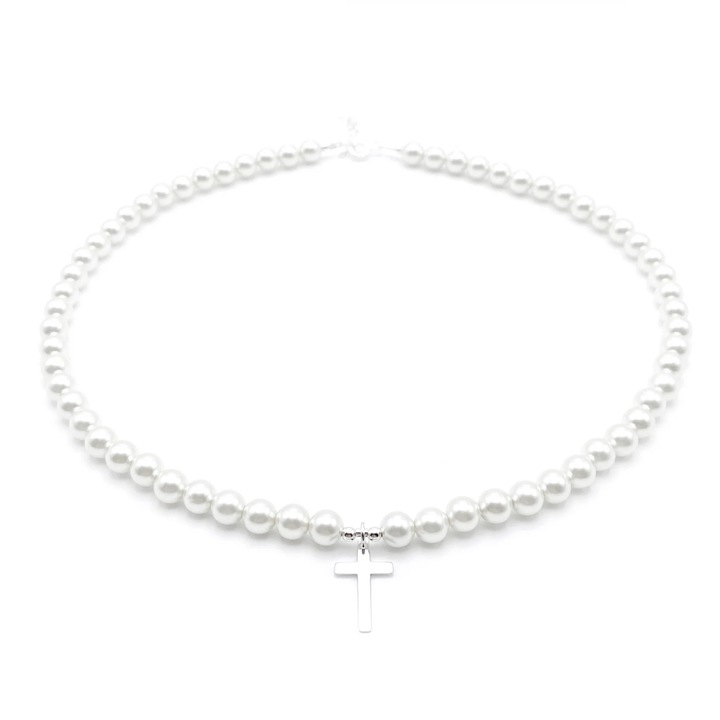 Colier cu Perle Preciosa albe si pandantiv Cruce din Argint 925, reglabil 39-42 cm, perle 6mm, dama