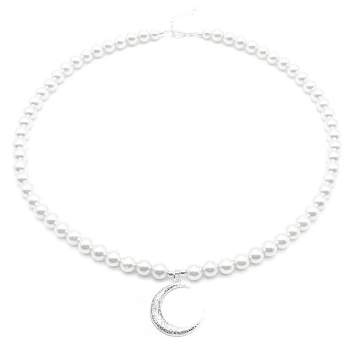 Colier cu Perle Preciosa albe si pandantiv Semiluna din Argint 925, reglabil 39-42 cm, perle 6mm, dama