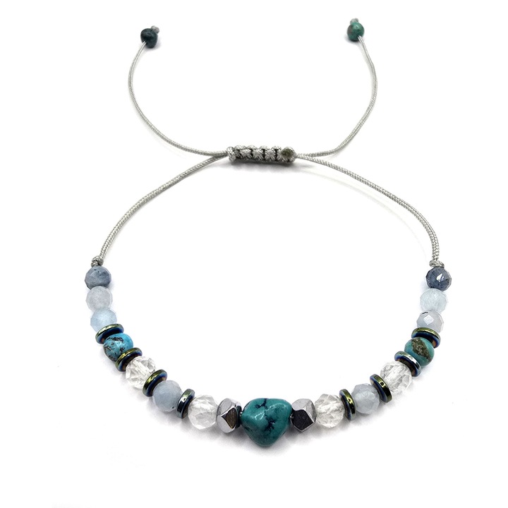 Bratara handmade, ajustabila, zodia Sagetator, Lexy's Boutique, pietre semipretioase Topaz, Acvamarin, Turcoaz, Hematit, gri