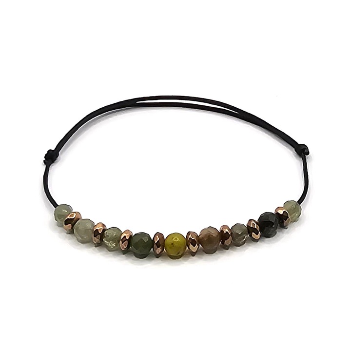 Bratara handmade, ajustabila, zodia Taur, Lexy's Boutique, pietre semipretioase Peridot, Smarald, Hematit si Jad, negru