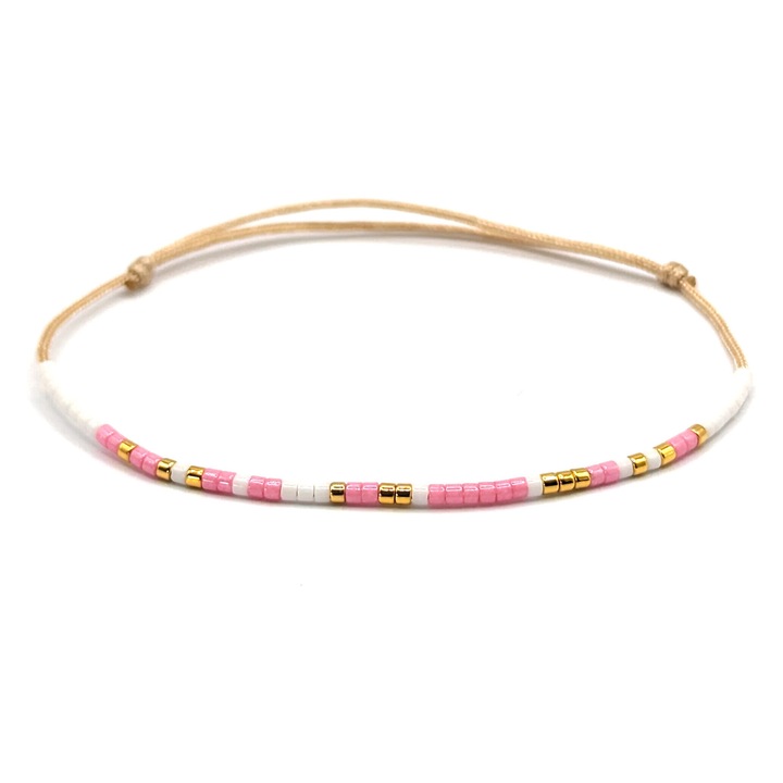 Bratara cod Morse, mesaj "Cat Lover", Lexy's Boutique, dama, marime ajustabila, margele Miyuki colorate si placate cu aur 24k, alb/roz