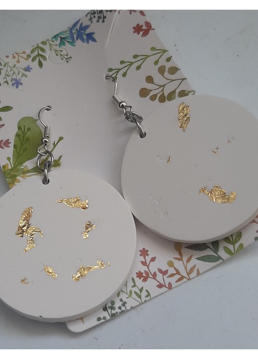 Cercei handmade din ceramica si foita aurie, rotunzi, 4cm, 20gr, Huzur Atelier