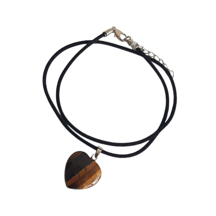 Pandantiv unisex, Ochi de Tigru, piatra semipretioasa, 20 x 18 mm, inima, cu snur negru inclus