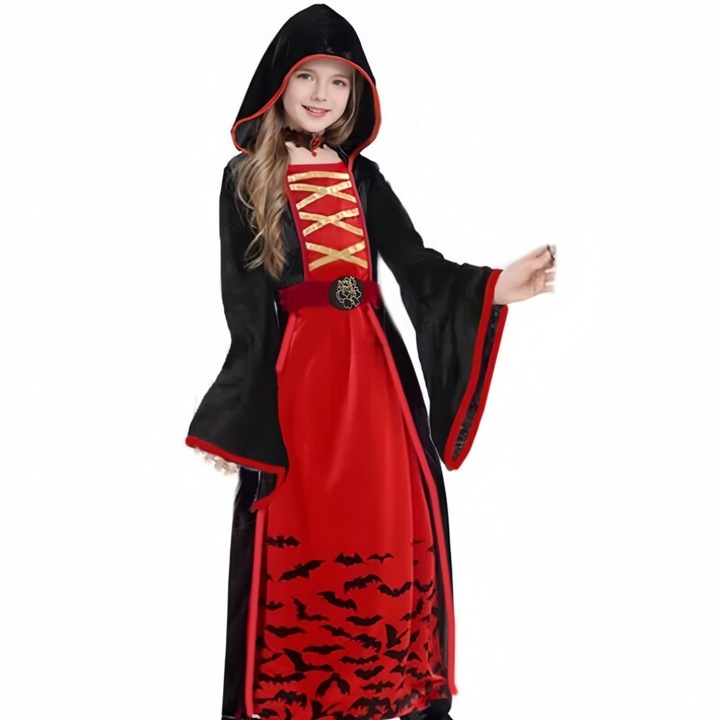 Costum rochie copii Halloween cu gluga imprimeu lilieci rochie gluga vampirita vrajitoare fetita maneci largi clopot carnaval costumatie teatru serbare scolara tematica sarbatori, l