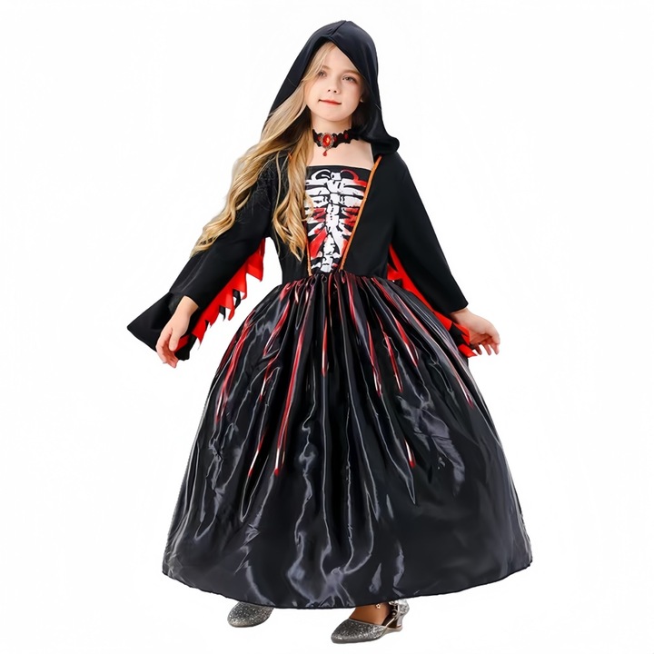 Costum de vampir de Halloween pentru fete cu craniu Rochie gotica neagra cu gluga pentru petrecere carnaval sarbatoare scolara fotografie tematica Disfraz copii cadou fetita tematic, l