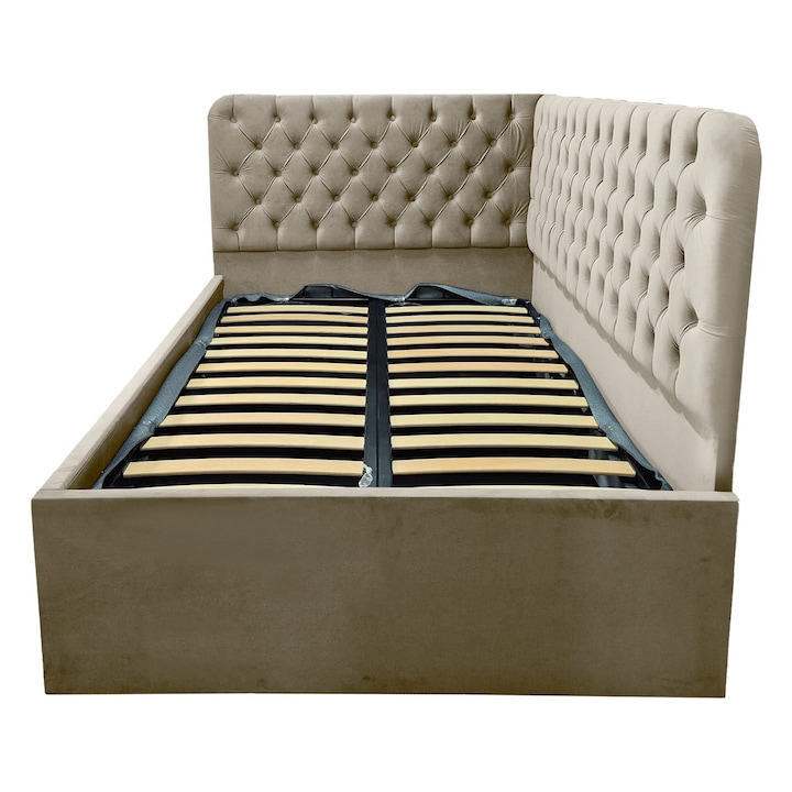 Pat Vega - dreapta tapitat 110/190 cu somiera rabatabila si spatiu depozitare crem