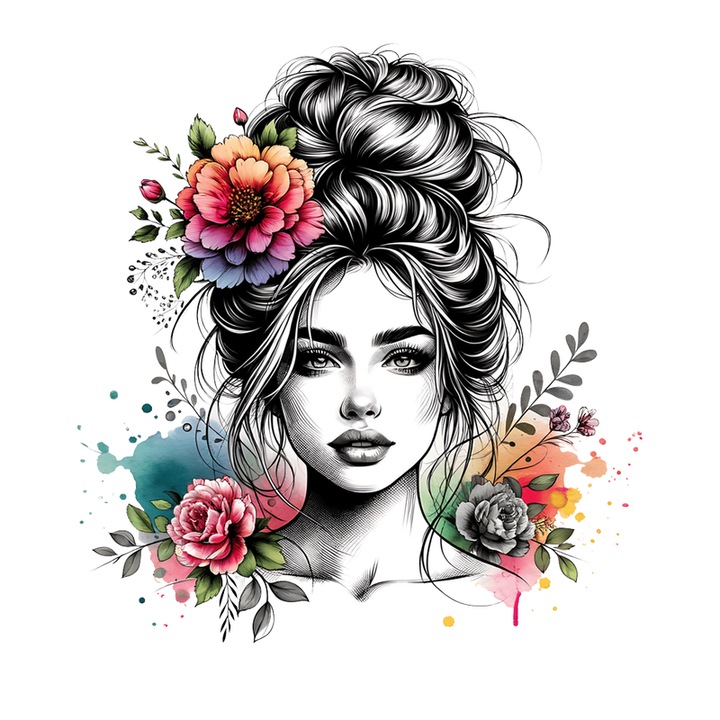 Sticker Monochrome Bun Girl Tattooed Flowers, Fata Coc Alb Negru Cu Flori Tatuate, Autoadeziv, Cri-Flo, Marime 6 Cm