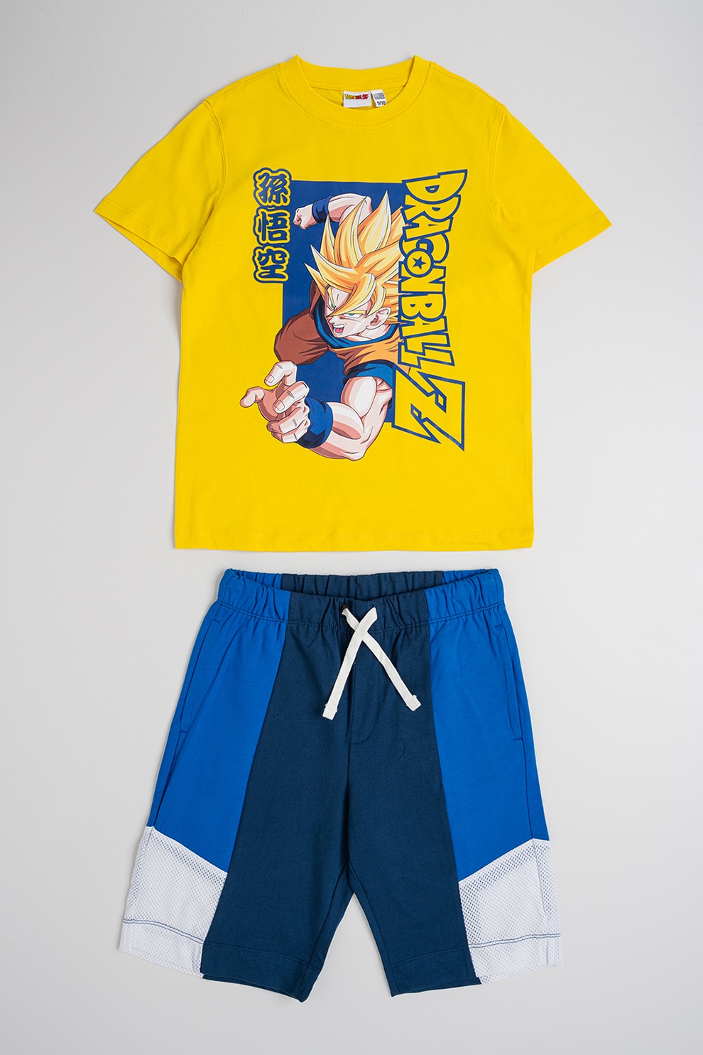 Original Marines, Set de tricou cu imprimeu si pantaloni scurti cu model uni - 2 piese, Maro, Galben pai, Albastru royal, 104-110 CM