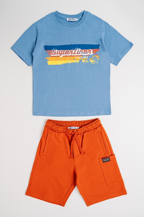 Original Marines, Set de pantaloni scurti si tricou de bumbac - 2 piese, Albastru prafuit/Portocaliu stins