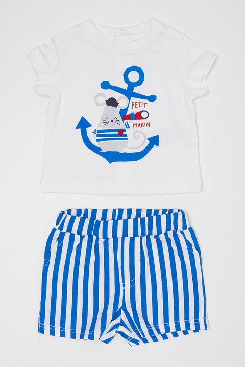 Original Marines, Set de tricou de bumbac si pantaloni scurti cu modele diverse, Alb/Albastru royal