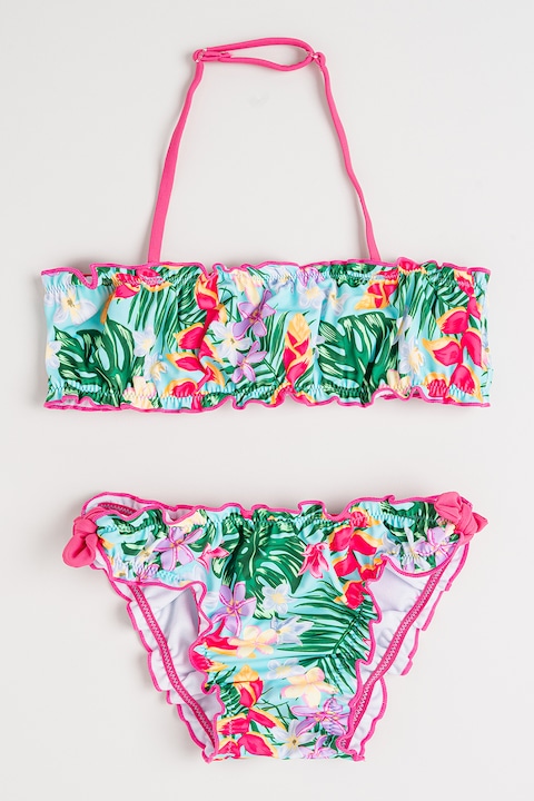 Original Marines, Costum de baie din doua piese cu model tropical, Fucsia/Albastru aquamarin/Verde deschis
