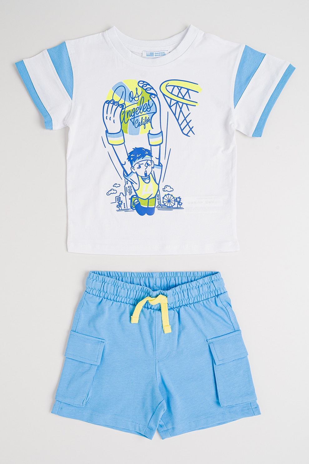 Original Marines, Set de tricou cu model si pantaloni scurti cu model uni - 2 piese, Alb, Albastru deschis, 128-134 CM