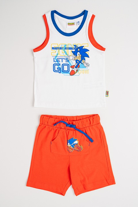 Original Marines, Set de top si pantaloni scurti cu imprimeu Sonic, Alb optic/Rosu vermillion