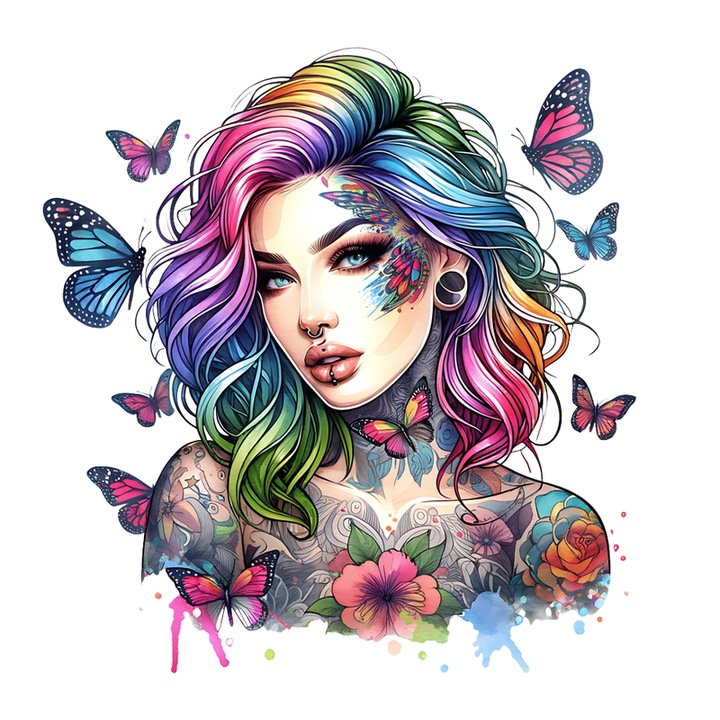 Sticker Girl With Butterflies Tattooed, Fata Cu Fluturi Si Tatuaje, Autoadeziv, Cri-Flo, Marime 25 Cm