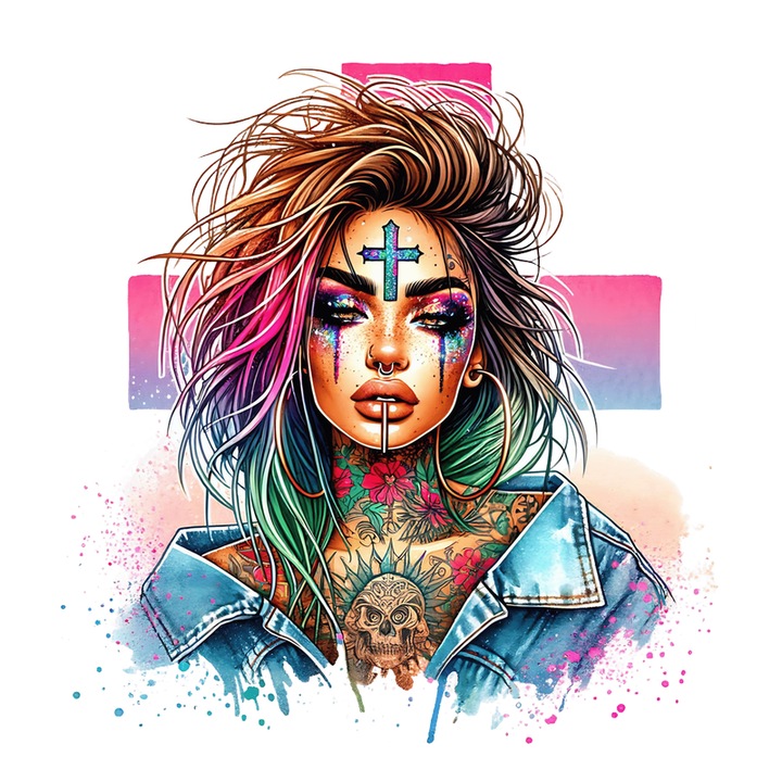 Sticker Rainbow Cross Face Tattoo Girl, Fata Cu Tatuaj Cruce Si Par Curcubeu, Autoadeziv, Cri-Flo, Marime 6 Cm