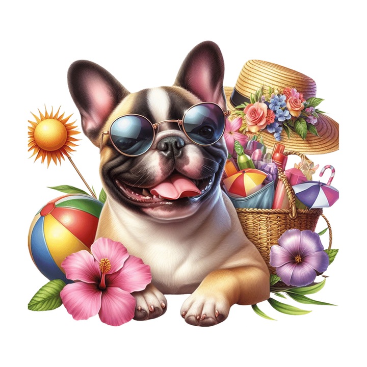 Sticker Caine Bulldog Francez Ochelari Plaja Flori Cocktail, Autoadeziv, Cri-Flo, Marime 10 Cm