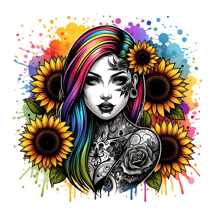 Sticker Rainbow Hair Girl Skull Tattoo, Fata Cu Par Curcubeu Si Tatuaj Craniu, Autoadeziv, Cri-Flo, Marime 25 Cm