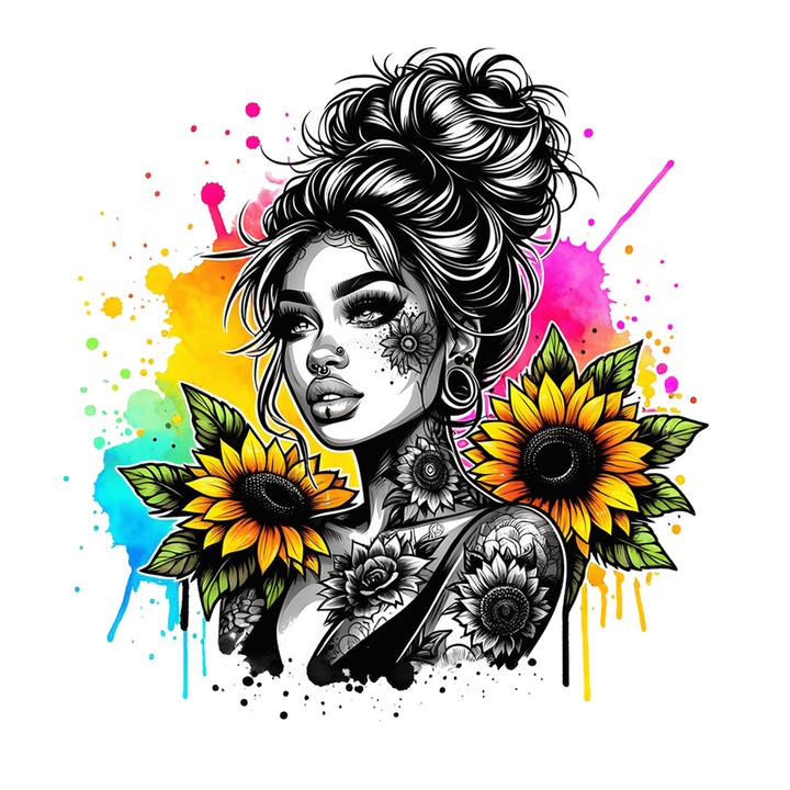 Sticker Sunflower Tattoo Black Background Girl, Fata Tatuata Cu Floarea Soarelui Pe Fundal Negru, Autoadeziv, Cri-Flo, Marime 6 Cm