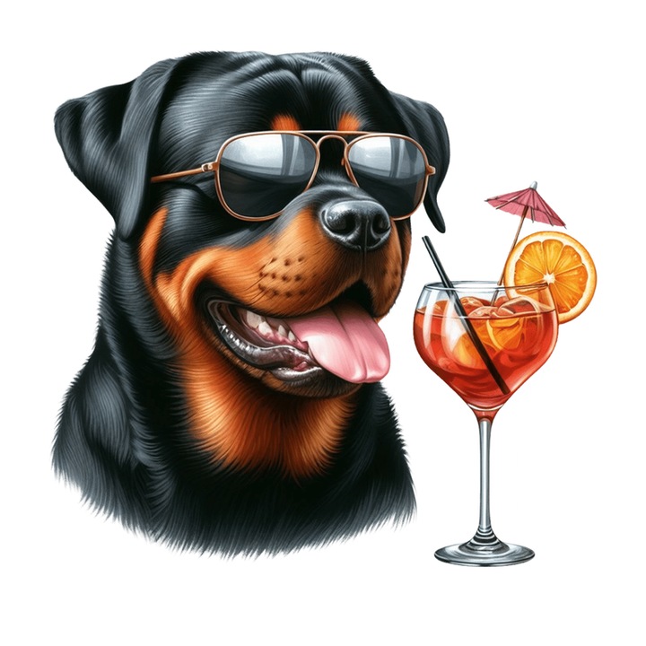Sticker Caine Rottweiler Vara Ochelari Cocktail Portocala, Autoadeziv, Cri-Flo, Marime 10 Cm