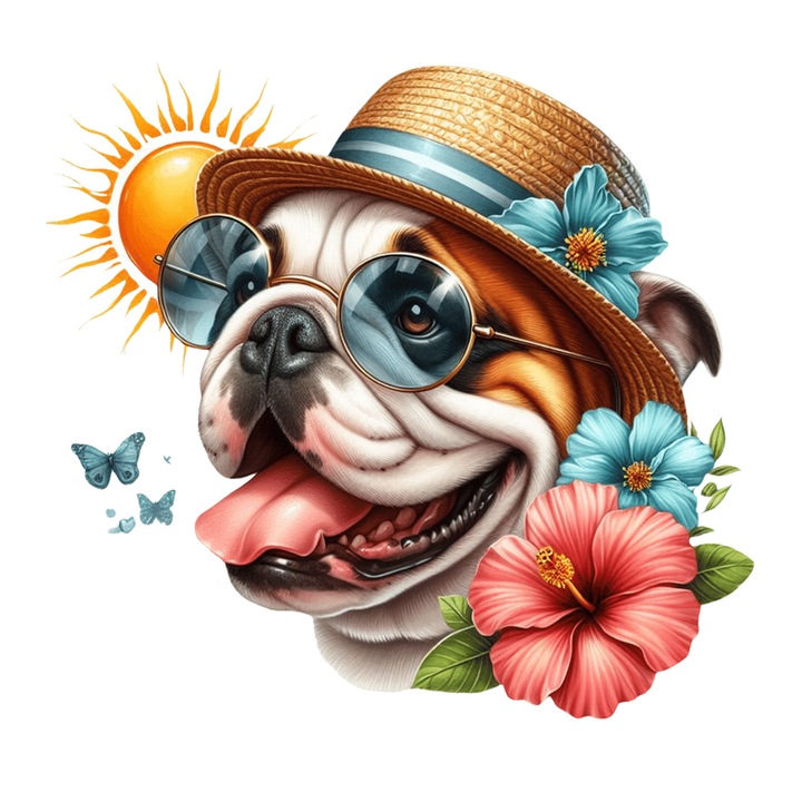 Sticker Caine Bulldog Englez Palarie Flori Cocktail Soare, Autoadeziv, Cri-Flo, Marime 20 Cm