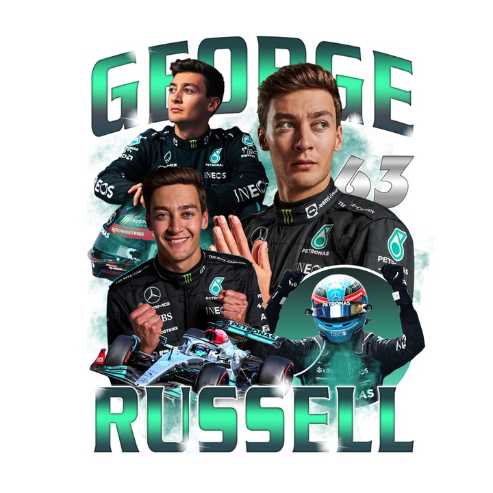 Sticker George Russell Imagine Echipa Mercedes Colaj, Autoadeziv, Cri-Flo, Marime 6 Cm