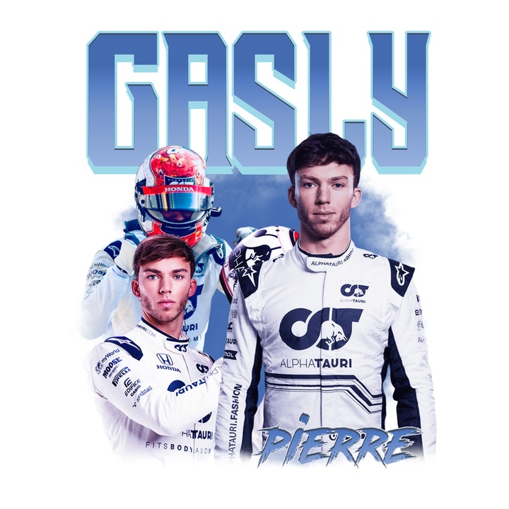Sticker Pierre Gasly Portret Si Masina Costum Alb Formula 1, Autoadeziv, Cri-Flo, Marime 25 Cm