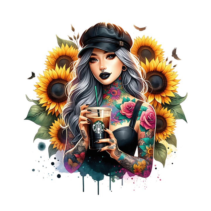Sticker Gothic Drink Girl Sunflowers Cap, Fata Gotica Cu Bautura Si Sapca Floarea Soarelui, Autoadeziv, Cri-Flo, Marime 6 Cm