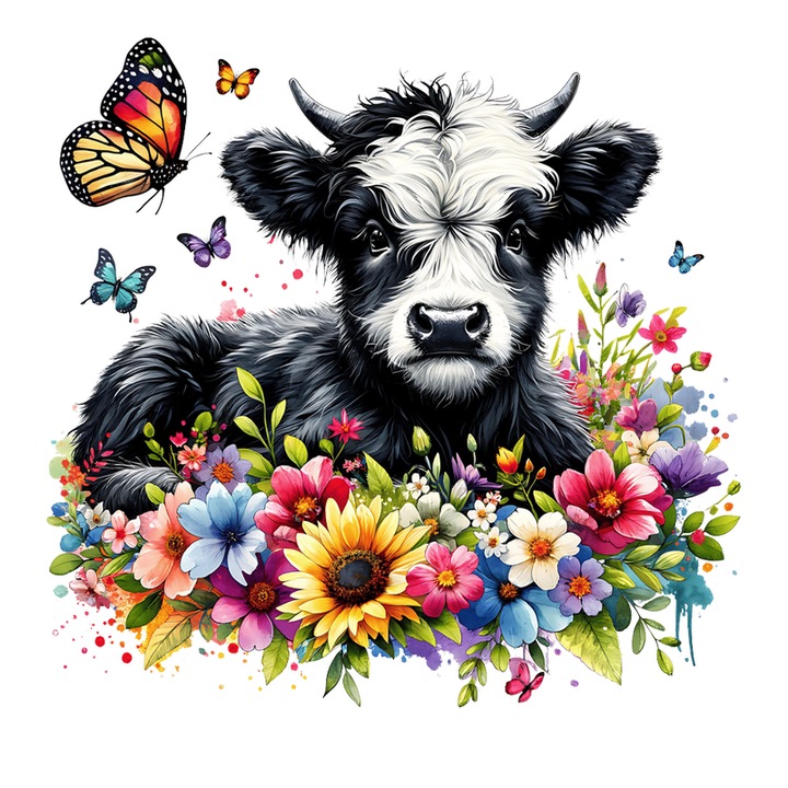 Sticker Black White Cow Flower Field, Vaca Alb Negru In Camp Cu Flori, Autoadeziv, Cri-Flo, Marime 10 Cm