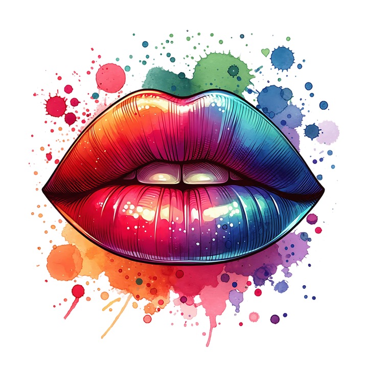Sticker Glossy Lips Neon Splash, Buze Lucioase Cu Stropi Neon, Autoadeziv, Cri-Flo, Marime 6 Cm