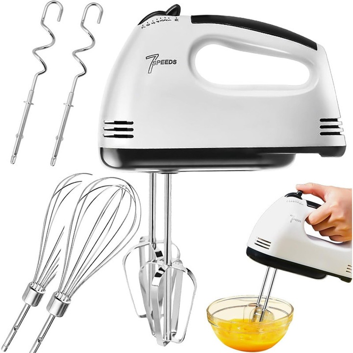 Ръчен миксер 7 скорости, 180 W, 6 аксесоара от неръждаема стомана, преносим, лек