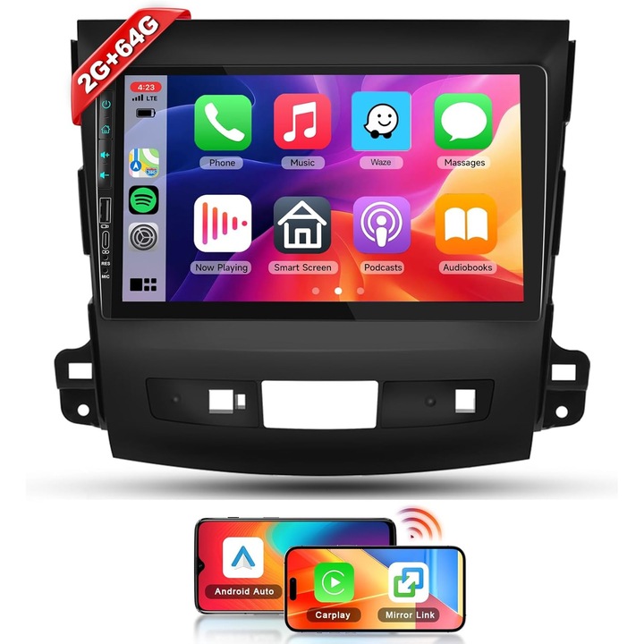 Navigációs rendszer Android Mitsubishi Outlander, Peugeot 4007, Citroen C-Crosser, 2 GB RAM, Android 13, GPS, Wi-FI, Carplay, Android Auto, USB, Bluetooth, Rádió, Waze, Érintőképernyő, 9 hüvelykes - CN